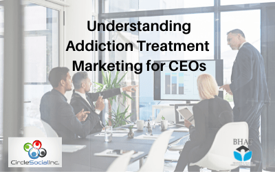 an image of four people around a computer screen with a bar graph on it, with the CircleSocial and BHAP logos in the corner, and the following words superimposed, 'Understanding Addiction Treatment Marketing for CEOs'