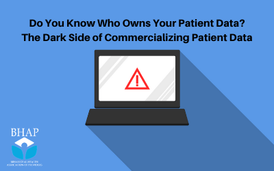 an image of a computer or laptop with a red exclamation point on it, with the words 'Do You Know Who Owns Your Patient Data? The Dark Side of Commercializing Patient Data'