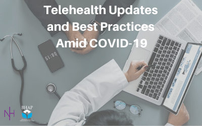 a photo of a doctor pointing out something on a laptop to someone else. 'Telehealth Updates and Best Practices Amid COVID-19'