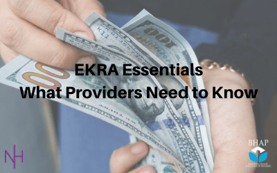 a photo of a white woman's hands, flipping through a fan of 100 dollar bills. Text reads, 'EKRA Essentials - What Providers Need ot Know'