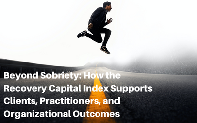 A photo of a man mid jump over a highway. Text reads 'Beyond Sobriety: How the Recovery Capital INdex Supports Clients, Practitioners, and Organizational Outcomes'