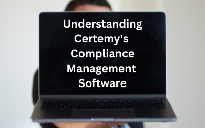 a photo of a person holding a laptop open. On the laptop screen, the text reads, 'Understanding Certemy's Compliance Management Software'