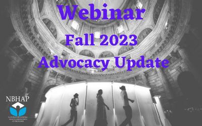 people walking inside the dome of the capitol building. Text reads 'Webinar: Fall 2023 Advocacy Update'