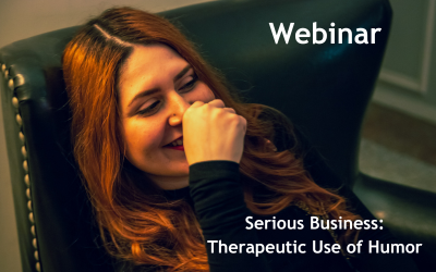 Woman laughing while sitting on chair. Text reads 'Webinar. Serious Business: Therapeutic Use of Humor'