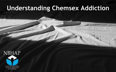 A black and white photo of bed sheets, slightly rumpled. Text reads 'Understanding Chemsex Addiction'.