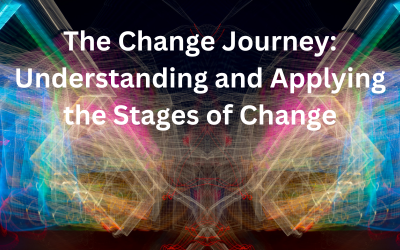 various colors of light (primarily blue, yellow, pink) in a dark room, text reads 'The Change Journey: Understanding and Applying the Stages of Change'