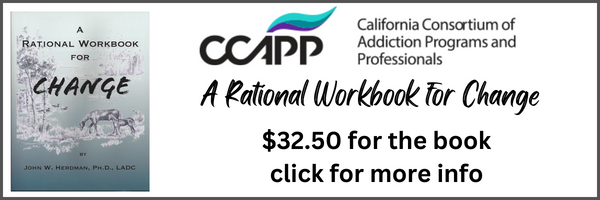 The book cover for "A Rational Workbook for Change". CCAPP logo is on top. Text reads 'A Rational Workbook for Change. $32.50 for the book; click for more info'