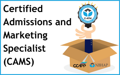 A box with a hand sticking out of it, with the C-ATM seal. Text reads 'Certified Admissions and Marketing Specialist (CAMS)'