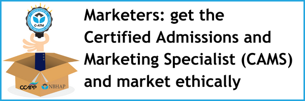 A box with a hand sticking out of it, with the C-ATM seal. Text reads 'Marketers: get the Certified Admissions and Marketing Specialist (CAMS) and market ethically'
