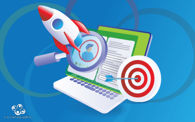 a drawing of an open laptop with a rocket, magnifying glass, and bullseye over it