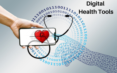 a photo of a real hand holding a cell phone with a heart on it and a drawn hand in outline touching, with 1 and 0 alternating around the two in a circle. Text reads 'Digital Health Tools'