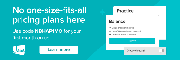 a teal background. On the right are graphics of two computer windows, one called Practice and one called Balance. Text reads 'No one-size-fits-all pricing plans here. Use code NBHAP1MO for your first month on us. Learn more.' The Jane logo on the bottom left