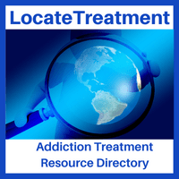 an image of the world under a microscope. Text above image reads 'LocateTreatment'. Text below image reads 'Addiction Treatment Resource Directory'