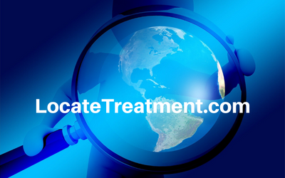 a blue image of a cartoon person holding a magnifying glass with the world in it. Text reads 'LocateTreatment.com.'