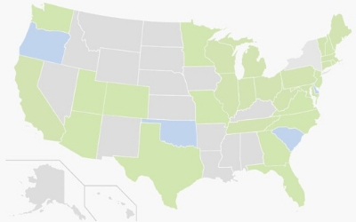 a map of the United States, with some states in green, some in blue, and some in grey