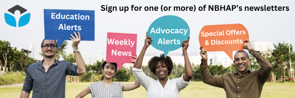 an image of four people holding signs, each with a different message: "Weekly news", "Special Offers", "Advocacy Alerts", & "Education". Text reads "Sign up for one (or more) of our newsletters!