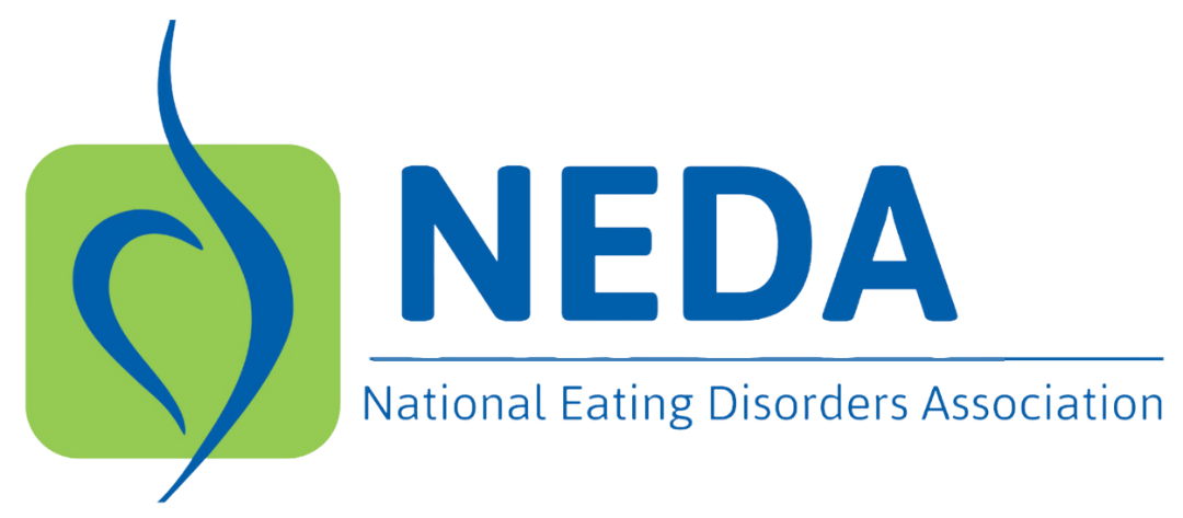NEDA logo: a green box with a blue shape over it. Text reads, 'NEDA: National Eating Disorders Association'