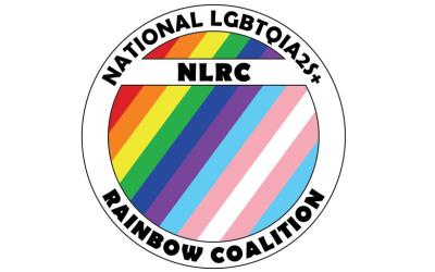 NLRC: National LGBTQIA2S+ Rainbow Coalition. Circle logo with rainbow stripes behind it. 