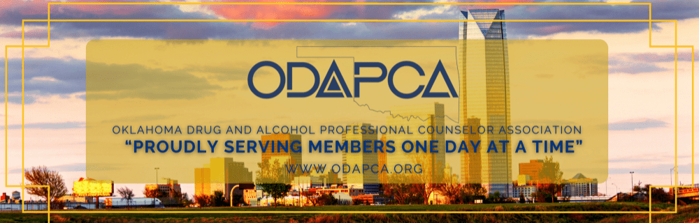 The Oklahoma City skyline. 'ODAPCA: Oklahoma Drug and Alcohol Professional Counselor Association. Proudly Serving Members One Day at a Time.' and the URL.