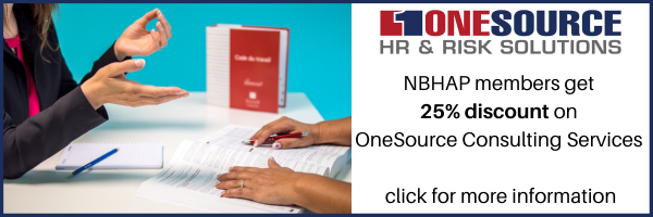 two people talking over an open book; text reads 'OneSource HR & Risk Solutions: NBHAP membesrs get 25% discount on OneSource Consulting Services. Click for more information'