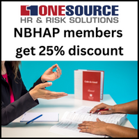 a photo of two people across from each other at a desk, one talking to the other over paperwork and a book that says 'legal code'. OneSource HR & Risk Solutions logo at top. Text reads, 'BHAP members get 25% discount.'