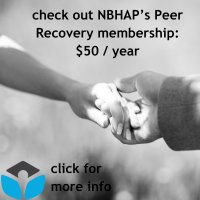 a grayscale photo of two person holding hands; text reads 'Peer Recovery membership: $50 / year. Click for more infor'