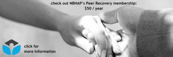 a grayscale photo of two person holding hands; text reads 'Peer Recovery membership: $50 / year. Click for more information'
