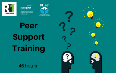 a teal background, with two drawings of figures looking at each other -- one has questions above their head, the other has lit light bulbs over. Logos for R1 Learning, CCAPP, and BHAP at the top. Text reads 'Peer Support Training. 46 hours.'