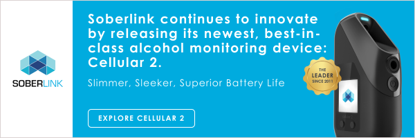 the Soberlink logo; an image of the monitoring device. Text reads, 'Soberlink continues to innovate by releasing its newest, best-in-class alcohol monitoring device: Cellular 2. Slimmer, Sleeker, Superior Battery Life. Explore Cellular 2.'