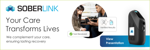 The Soberlink logo. 'Your Care Transforms Lives. We complement your care, ensuring lasting recovery.' Then a photo in a circle of two people, one man and one woman, sitting down and looking at a Soberlink device. On the left is a bubble that says 'Test Received' and on the right is a bubble that says 'Verified Results'. On the far right is a Soberlink device with the text 'View Presentation' next to it.