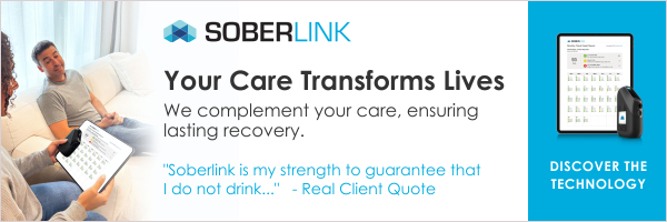 On the left, a photo of a man in a grey t-shirt and jeans sits on a couch and a woman in a sweater and jeans holds a tablet. In the center, the Soberlink logo and then text that reads, "Your Care Transforms Lives. We complete your care, ensuring lasting recovery. 'Soberlink is my strength to guarantee that I do not drink...' - Read Clinet Quote. On the right, a tablet with the Soberlink info on it and the words 'Discovery the technology'