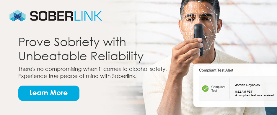 a photo of a white man with short graying hair and a 5 o'clock shadow holding a device. There is a result next to him. The Soberlink logo is on upper left. Text below the logo, "Provide Sobriety with Unbeatable Reliability. There's no compromising when it comes to alcohol safety. Experience true peace of mind with Soberlink.' Then an image that looks like a button that says 'Learn More'