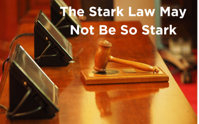 a gavel on a desk with three speakers. Text reads 'The Stark Law May Not Be So Stark'
