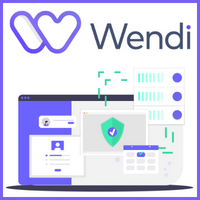 the Wendi logo with a graphic of the software being used on a laptop