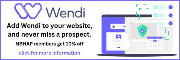 The Wendi logo with a graphic of the software being used on a laptop. Text reads, 'Add Wendi to your website and never miss a prospect. NBHAP Members get 10% off. Click here for more information.'