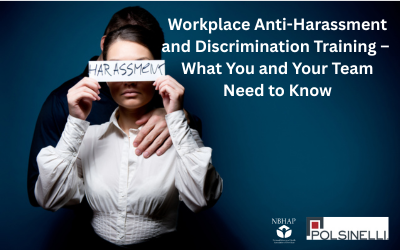a dark blue background. A photo of a white man in a dark suit standing behind a white woman wearing a white blouse, his hand on her neck. She holds a sign that says 'harassment'. Text reads, 'Workplace Anti-Harassment and Discrimination Training - What You and Your Team Need to Know'