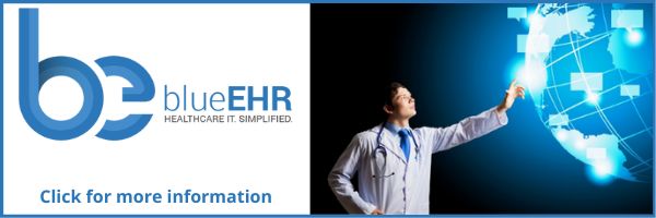 on the right: a dark blue background, with a white man in a doctor's coat pointing at a digital version of the world. The blueEHR logo on the left, with text below that reads 'Click for more information'