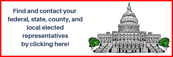 the capitol building, with the words 'find and contact your federal, state, county, and local elected representatives by clicking here!'