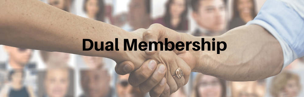 two hands shaking, with a bunch of faces behind it - 'Dual Membership'