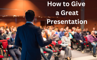 Speaker at Business Conference and Presentation. Audience at the conference hall. Text reads 'How to Give a Great Presentation'