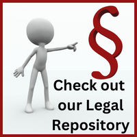 a stick figure pointing at a red version of the legal symbol. Text reads 'Check out our Legal Repository'