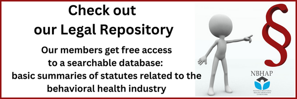 a stick figure pointing at a red version of the legal symbol. Text reads 'Check out our Legal Repository. Our members get free access to a searchable database: basic summaries of statues related to the behavioral health industry'
