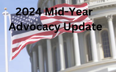 The flag of the United States of America flying in front of the capitol building blurred in the background. Text reads '2024 Mid-Year Advocacy Update'.