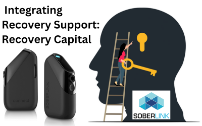 a silhouette of a face aimed left and a yellow keyhole, with a person on a ladder with a key reaching up. The Soberlink logo is on the bottom as well as the Soberlink device. Text reads 'Integrating Recovery Support: Recovery Capital'