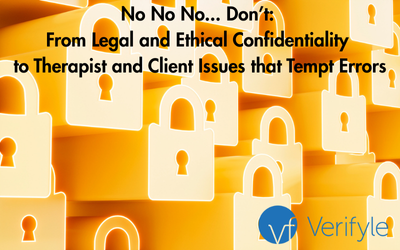 a wall of yellow images of a lock. The Verifyle logo in the lower left. Text reads 'No No No... Don't: From Legal and Ethical Confidentiality to Therapist and Client Issues that Tempt Errors'