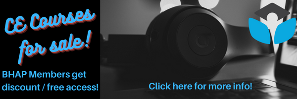 a black and white photo of headphones next to a Mac laptop. Text reads "CE Courses for sale! BHAP Members get discount / free access! Click here for more info."